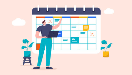 Poster - Project manager with calendar schedule - Man standing with work week plan working, managing and organising tasks for business. Flat design vector illustration in cartoon style