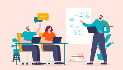 Fototapete - Business meeting workshop - People sitting with computers working on whiteboard getting lecture and solving problems together. Flat design vector illustration