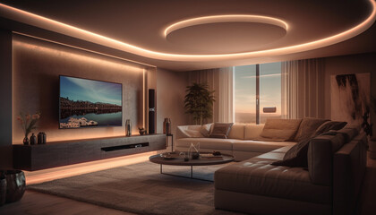 Poster - Luxury modern living room with comfortable sofa and elegant decor generated by AI