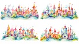 Fototapeta Londyn - watercolor style cartoon illustration of fable fairytale castle isolated on white background, collection set, Generative Ai