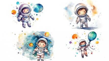 Wall Mural - watercolor style cartoon illustration of cute kid wearing spacesuit explore in outer space with planet, balloons and star, isolated on white background, collection set, Generative Ai