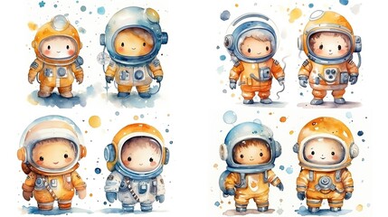 Wall Mural - watercolor style cartoon illustration of cute kid wearing spacesuit explore in outer space with planet, balloons and star, isolated on white background, collection set, Generative Ai