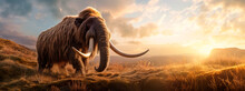 Panoramic View Of A Woolly Mammoth Walking Across The Tundra At Sunset