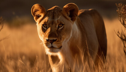 Wall Mural - Majestic lioness walking in savannah at dusk generative AI