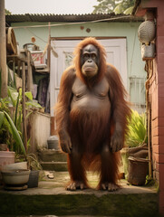 A Photo of an Orangutan Standing in the Backyard of a Nice House in the Suburbs