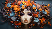 Spray Painted Graffiti On The Wall. Beautiful Woman Wearing Wig Of Flowers.