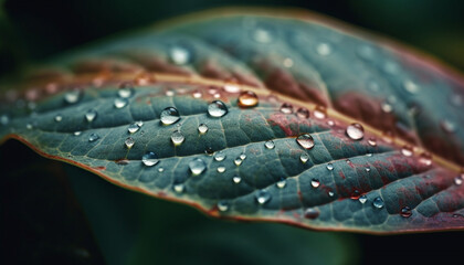 Sticker - Fresh dew drops on vibrant green leaf, nature beauty revealed generated by AI