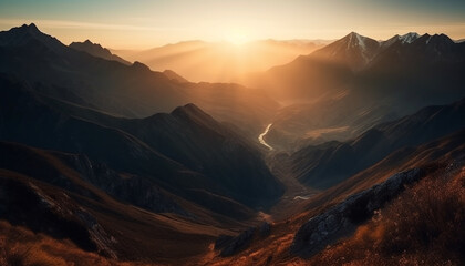 Canvas Print - Majestic mountain range at dawn, a tranquil adventure in nature generated by AI