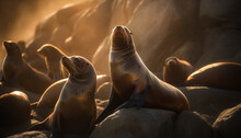 A Group Of Cute Fur Seals Resting On The Rocks Generated By AI