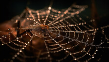 Spider Spins Dewy Web, Trapping Raindrops In Spooky Forest Generated By AI