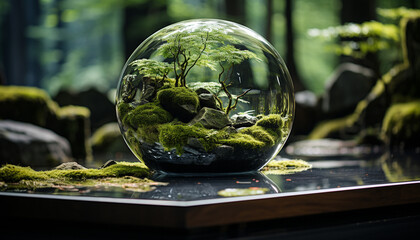 Canvas Print - Fresh green plant growth in transparent jar with underwater fish generated by AI