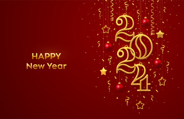 Wall Mural - Happy New 2024 Year. Hanging Golden metallic numbers 2024 with shining 3D metallic stars, balls and confetti on red background. New Year greeting card, banner template. Realistic Vector illustration.
