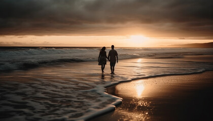 Wall Mural - A romantic couple walks at dawn, embracing nature beauty together generated by AI