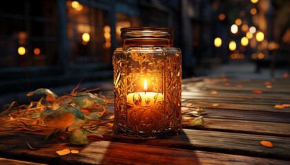 Wall Mural - Candlelight glowing on rustic table, autumn decoration for celebration generated by AI