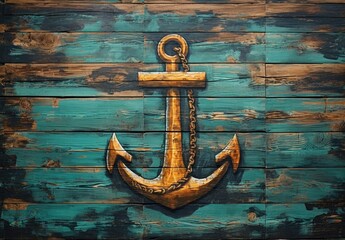 Wall Mural - Old anchor on blue wooden plank wall. Generative AI