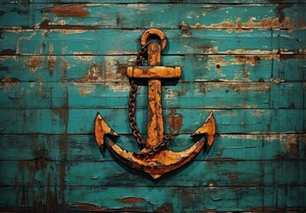 Wall Mural - Old anchor on blue wooden plank wall. Generative AI