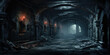 Dark scary dungeon, vintage underground tunnel as cellar of old castle
