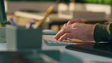 Wall Mural - freelancer hands typing keyboard office close up. man fingers working computer