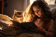 A teenager reading a book with her curious Ragdoll cat in her bedroom
