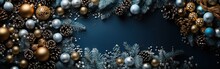 Blue Christmas Celebrate Greeting Background With Free Space For Your Wishes. Merry Christmas Banner With Pine Cones, Twigs And Shiny Balls. Mockup Template