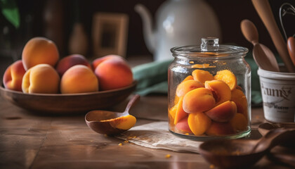 Wall Mural - Juicy fruit bowl on rustic table, a refreshing summer snack generated by AI