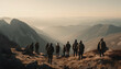 Men hiking mountain peak, walking outdoors, group of people exploring nature generated by AI