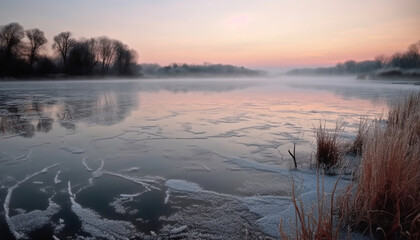 Wall Mural - Tranquil scene of frozen pond reflects beauty in nature winter generated by AI