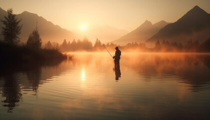 Wall Mural - One man fishing at dawn, back lit by sunrise silhouette generated by AI