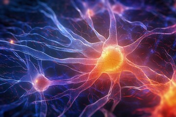 Close up of human brain showing neurons firing and neural extensions, limbic system Mammillary pituitary gland, amygdala thalamus, cingulate gyrus, corpus callosum, hypothalamus.