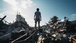 Photography of Man standing on destroyed part of ship. abandoned port and ship destroyed by natural disasters and war. generative AI