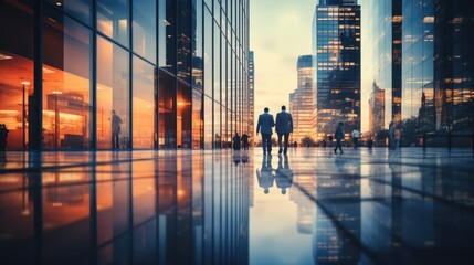 modern business office building with reflection of glass and evening sunset.