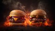 © santiago - delicious burgers with melted cheese between fire on a rough ground