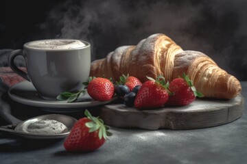 croissant strawberries and cup of hot coffee on dark background