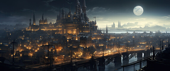 Illustration of a steampunk city.