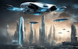 Futuristic city skyline with flying cars