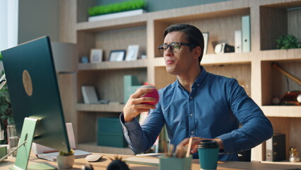 Wall Mural - Smiling manager speaking video call office closeup. Positive man gesturing hand