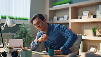 Wall Mural - Irritated man arguing computer call at workplace closeup. Manager videocalling