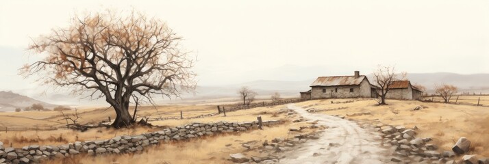 Wall Mural - an old farmhouse and a path through the landscape, generative AI