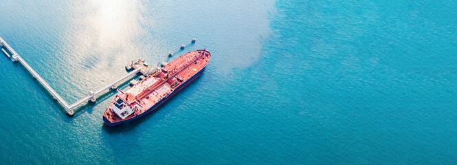 Poster - Aerial view of modern sea harbor with transshipment equipment for oil tanker ship, gas offshore platforms, Business transportation import export oil at gas petrochemical industrial factory