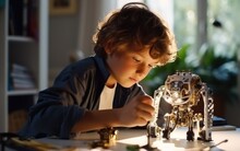 A Boy Repairing A Toy Robot