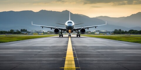 An airport runway with an aircraft landing