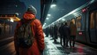 Train or subway station in the city, with snow and people in warm clothes and hats, waiting to get on, 