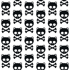 Poster - Vector seamless pattern of hand drawn flat cat skull with crossed bones silhouette isolated on white background