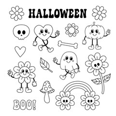 Poster - Vector set of groovy halloween cartoon retro outline characters and elements isolated on white background