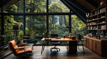 Office With A Large Window Through Which You Can See The Forest