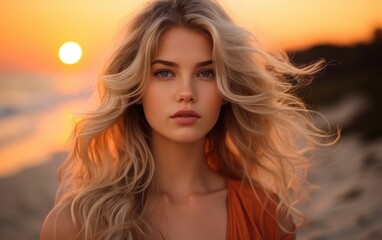 Wall Mural - Stunning photography of a beautiful woman in a dress against the backdrop of a golden sunset on a pristine beach