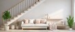 Scandinavian inspired room elegantly furnished with white sofa and stairs