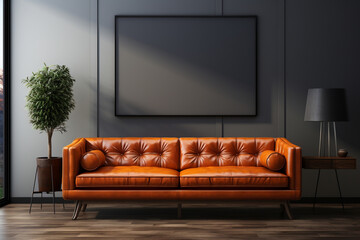 Frame gallery mockup in modern living room interior with leather sofa, minimalist industrial style. 