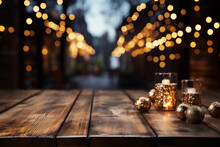 Old Wooden Boards On A Blurred Background Of Christmas . Empty Space For Your. 