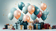 Geschenkboxen mit Luftballons und Konfetti auf grauem Hintergrund. Gift boxes with balloons and confetti on grey background. 